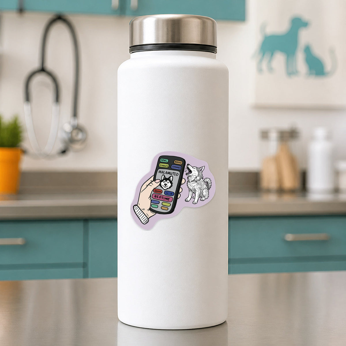 🎛️ Malamuted –  Remote shown on a white clinic water bottle