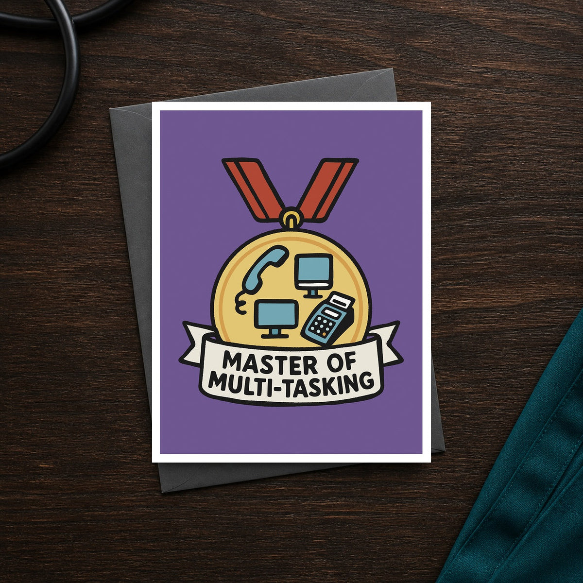 Master of Multi-Tasking A2 veterinary recognition notecard front on a dark clinic desk