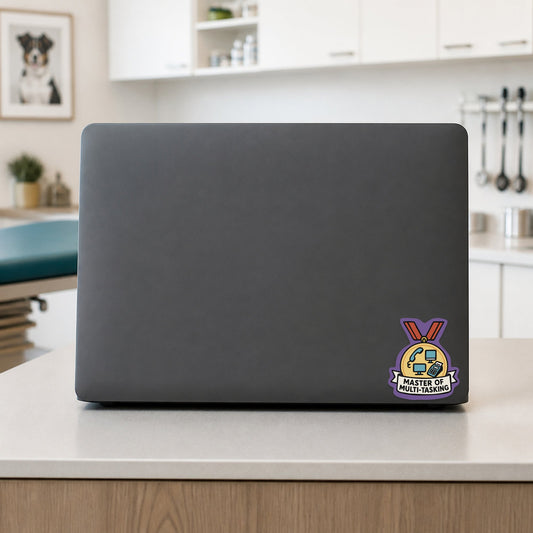 Master of Multi-Tasking – Award Medal Sticker shown on a veterinary clinic laptop