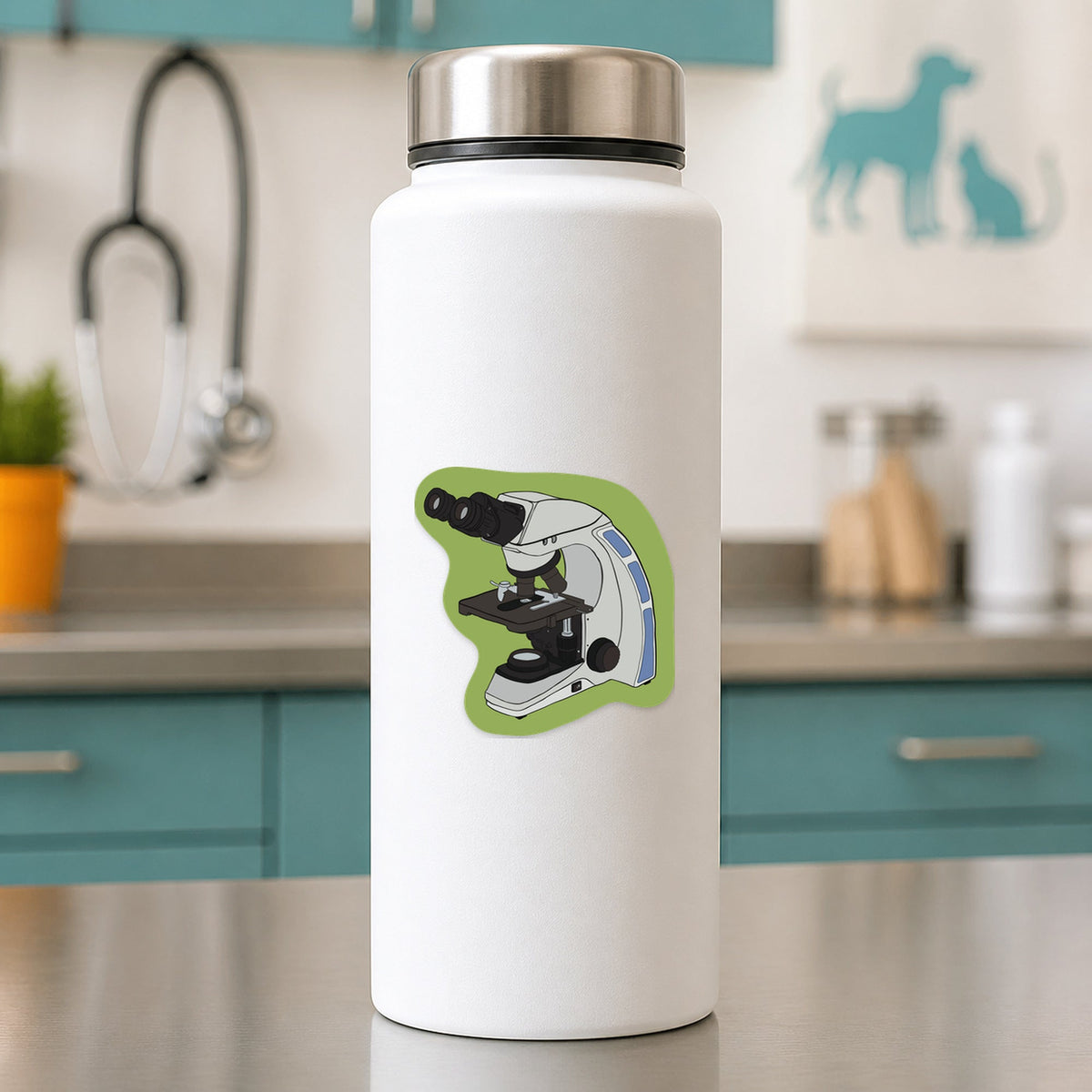 🔬 Microscope – Lab Life shown on a white clinic water bottle