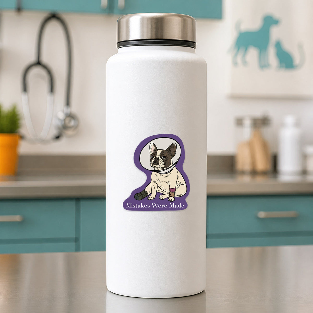 🐾 Mistakes Were Made – Frenchie Cone shown on a white clinic water bottle