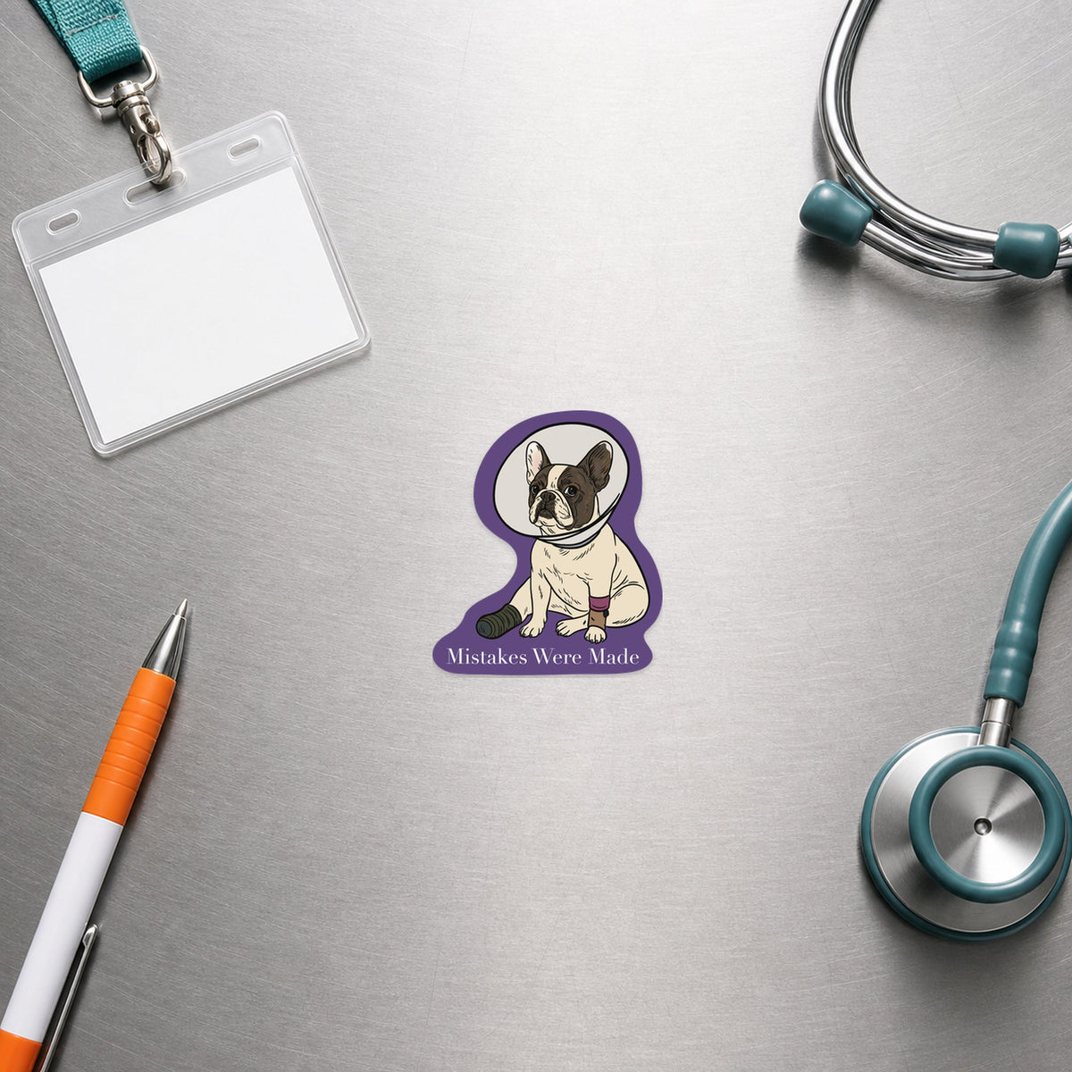 🐾 Mistakes Were Made – Frenchie Cone shown in a veterinary clinic flat lay