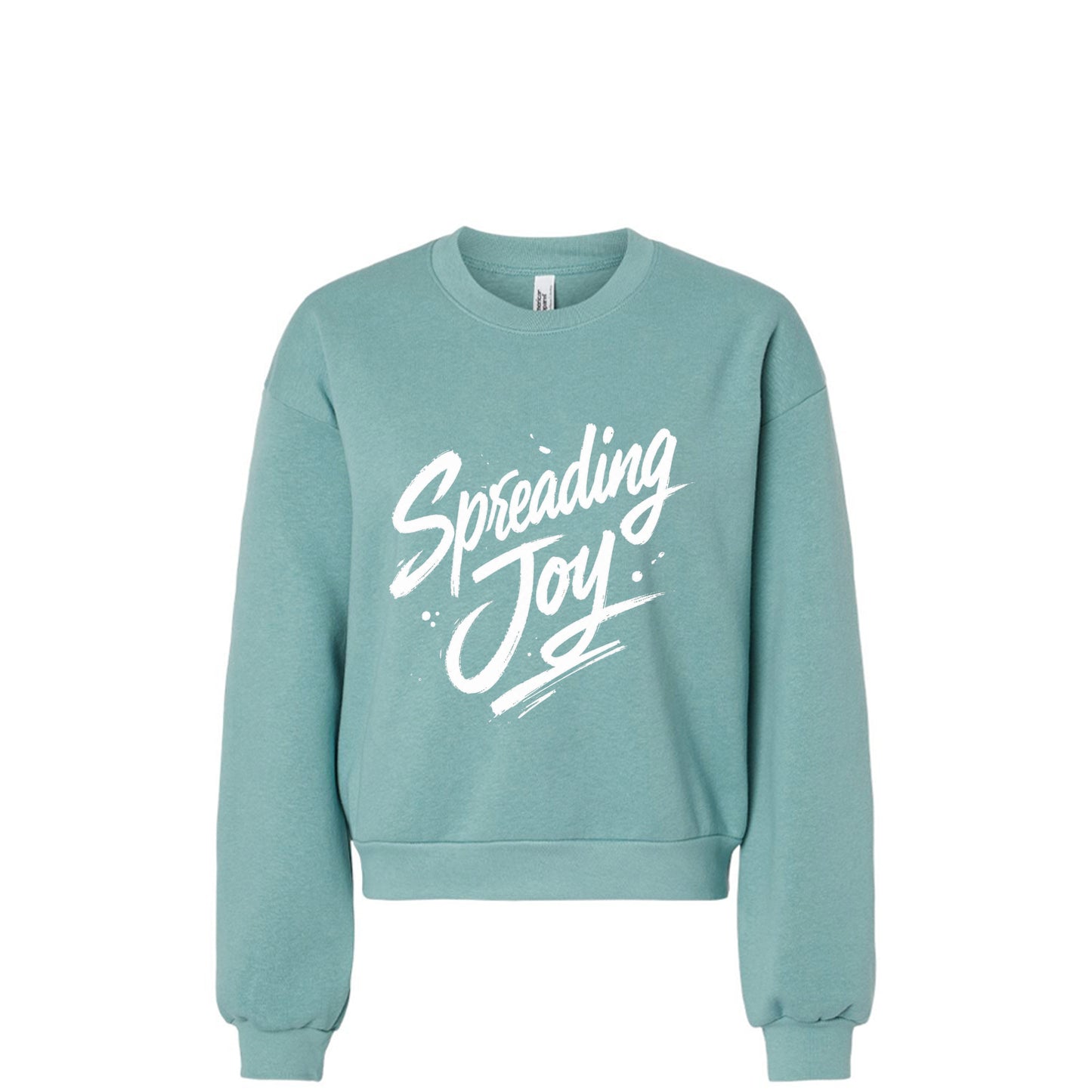 Spreading Joy Like Ringworm sweatshirt front view in Arctic teal with white Spreading Joy brush script