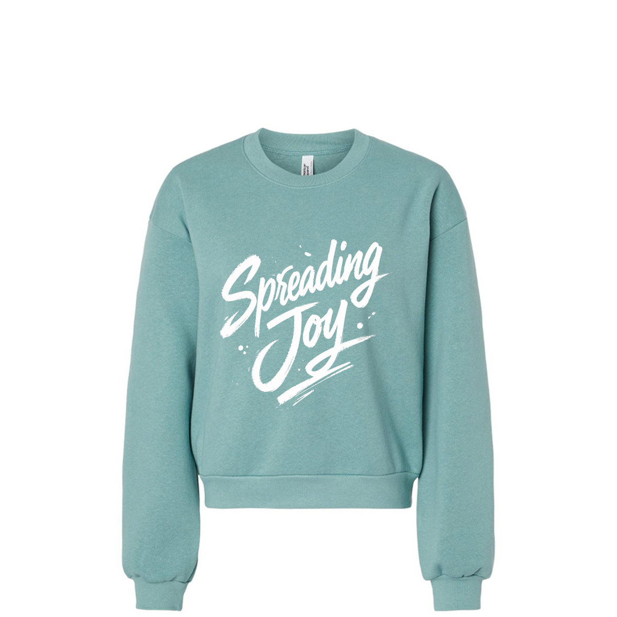 Spreading Joy Like Ringworm sweatshirt front view in Arctic teal with white Spreading Joy brush script