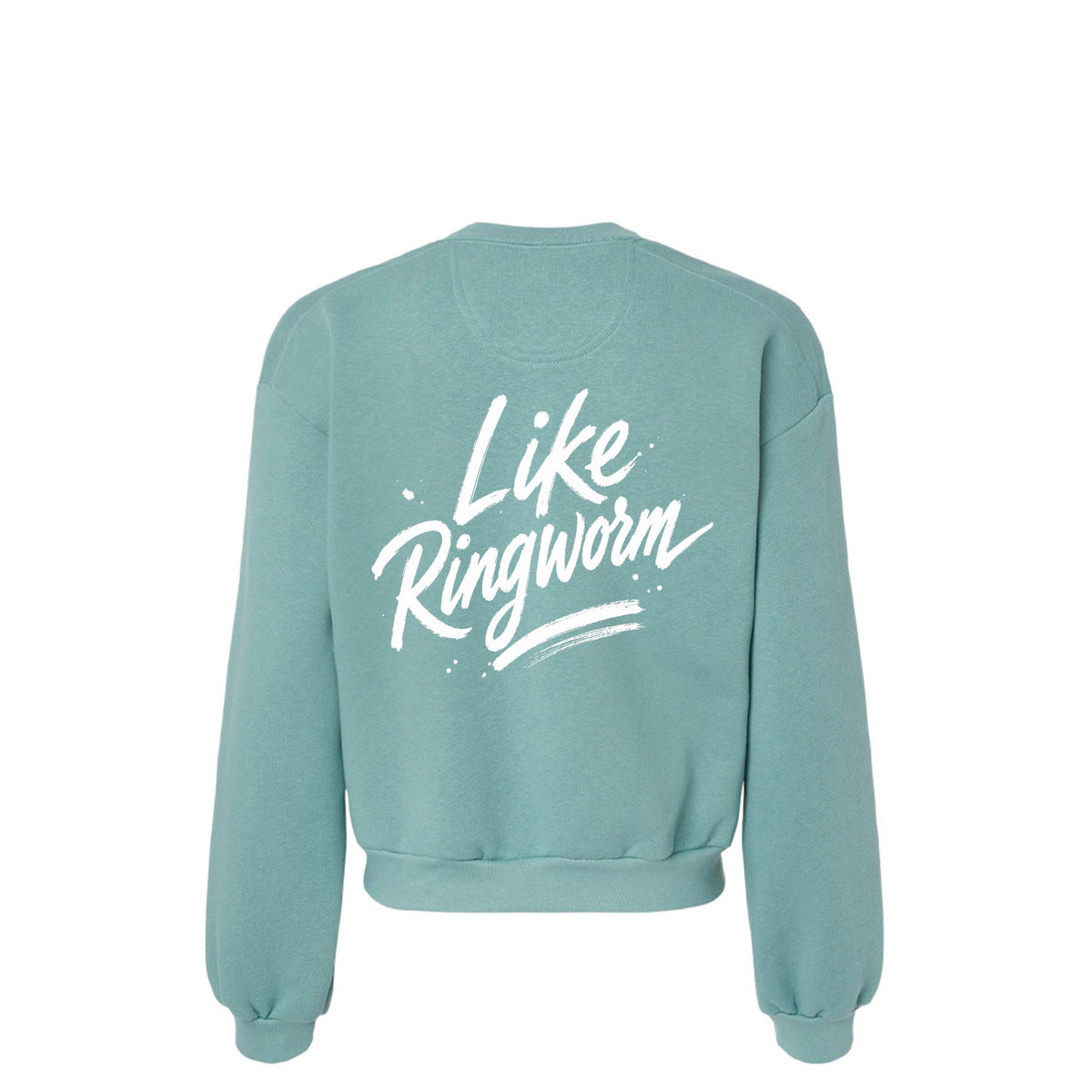 Spreading Joy Like Ringworm sweatshirt back view in Arctic teal with white Like Ringworm brush script