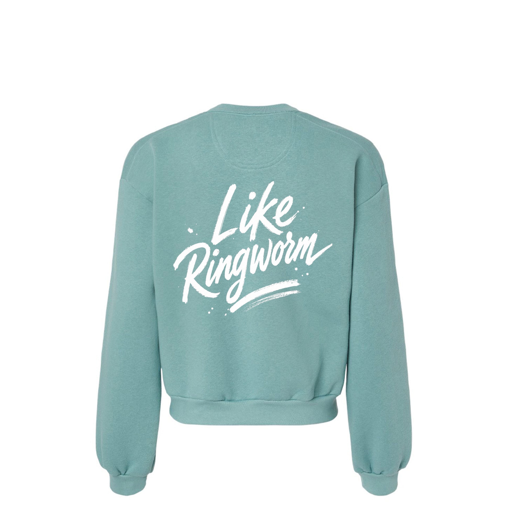 Spreading Joy Like Ringworm sweatshirt back view in Arctic teal with white Like Ringworm brush script
