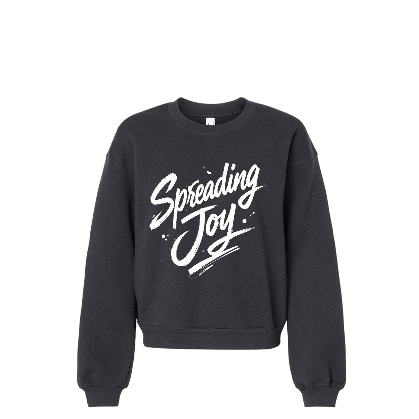 Spreading Joy Like Ringworm sweatshirt front view in Black with white Spreading Joy brush script