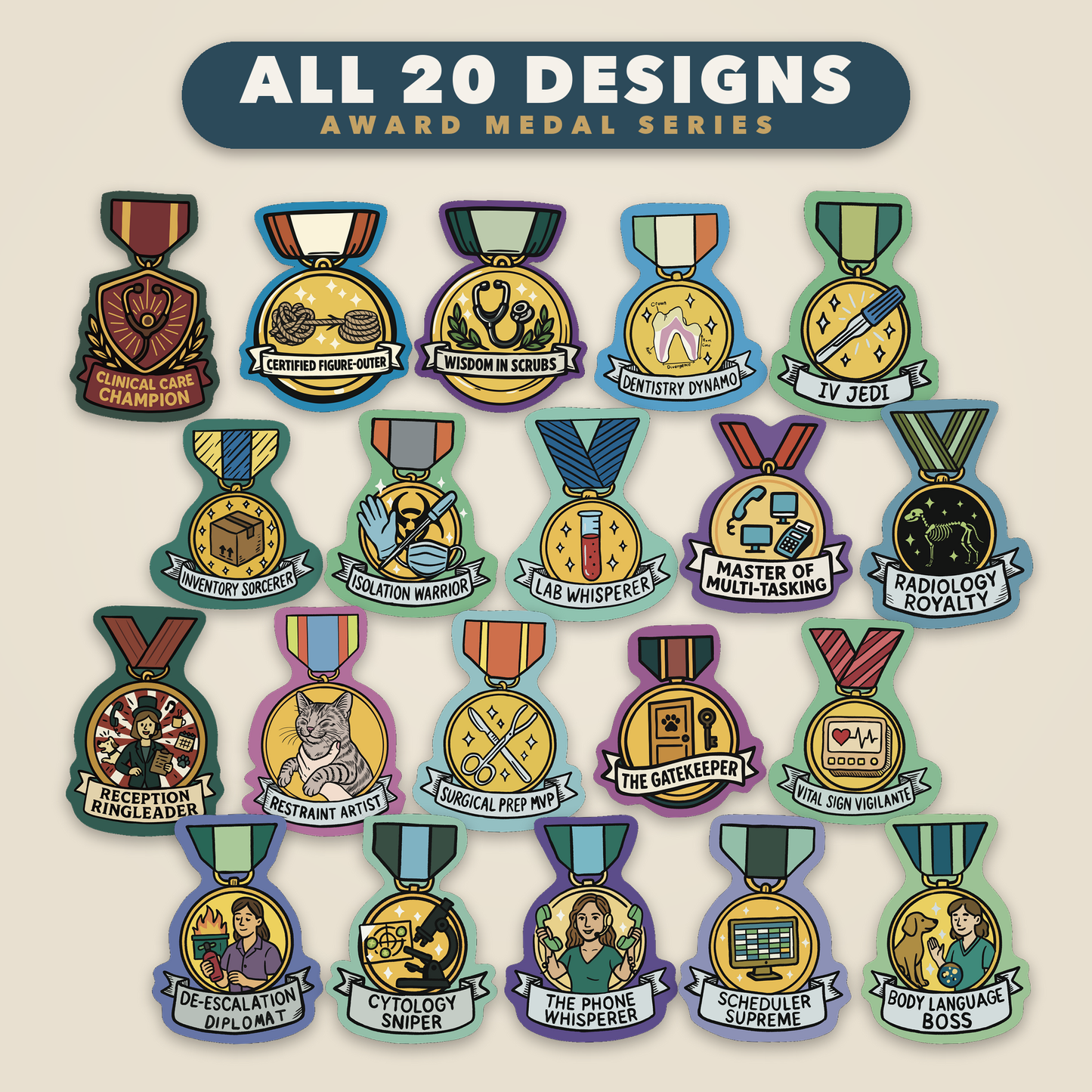 Award Medal Sticker Pack complete series, all 20 veterinary award medal sticker designs arranged together, Vet Culture Co.