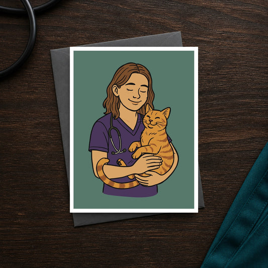 Orange Cat Energy A2 veterinary notecard front on a dark clinic desk