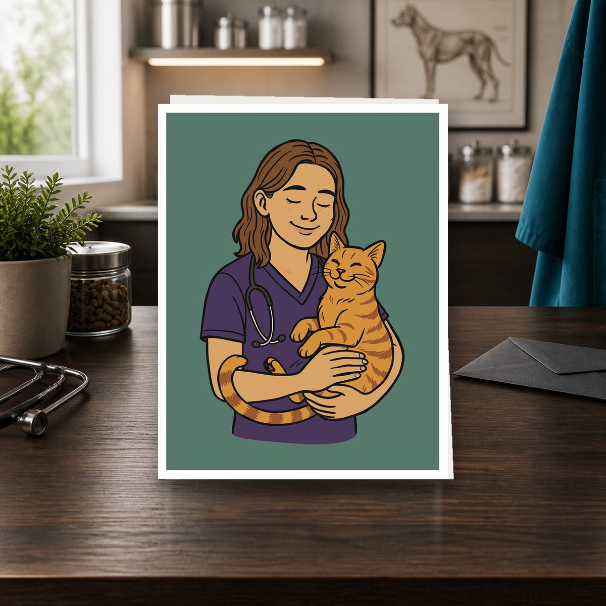 Orange Cat Energy A2 veterinary notecard standing on a dark clinic desk