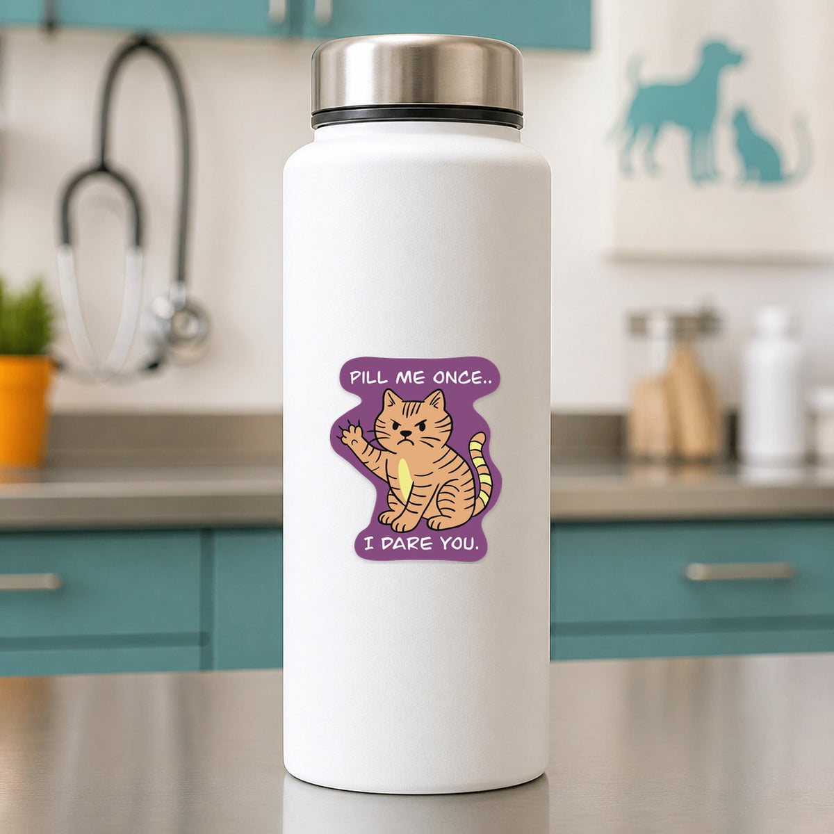 🧬 Pill Me Once....I Dare You shown on a white clinic water bottle