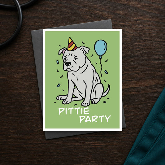 Pittie Party A2 veterinary notecard front on a dark clinic desk