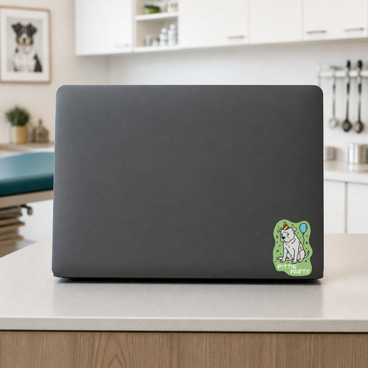 💉 Pittie Party - Pit Bull shown on a veterinary clinic laptop