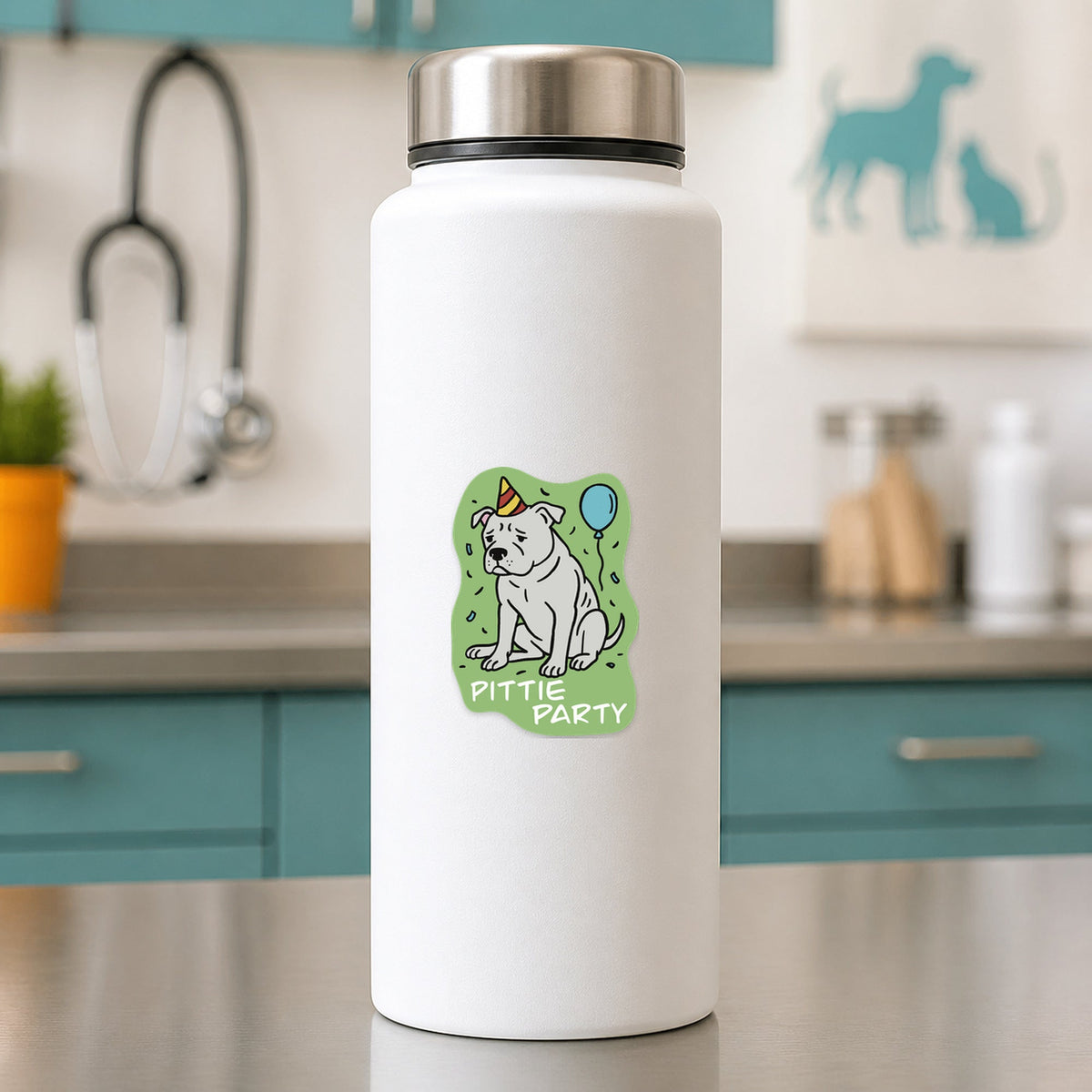 💉 Pittie Party - Pit Bull shown on a white clinic water bottle