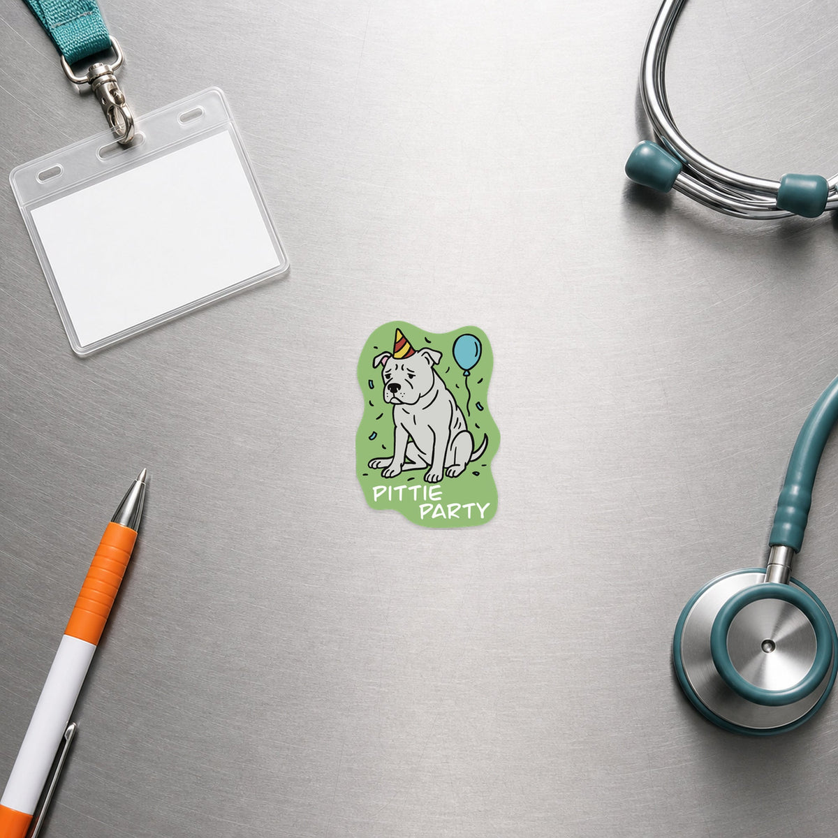 💉 Pittie Party - Pit Bull shown in a veterinary clinic flat lay