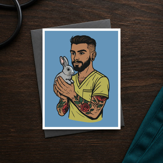 Pocket Patient A2 veterinary notecard front on a dark clinic desk