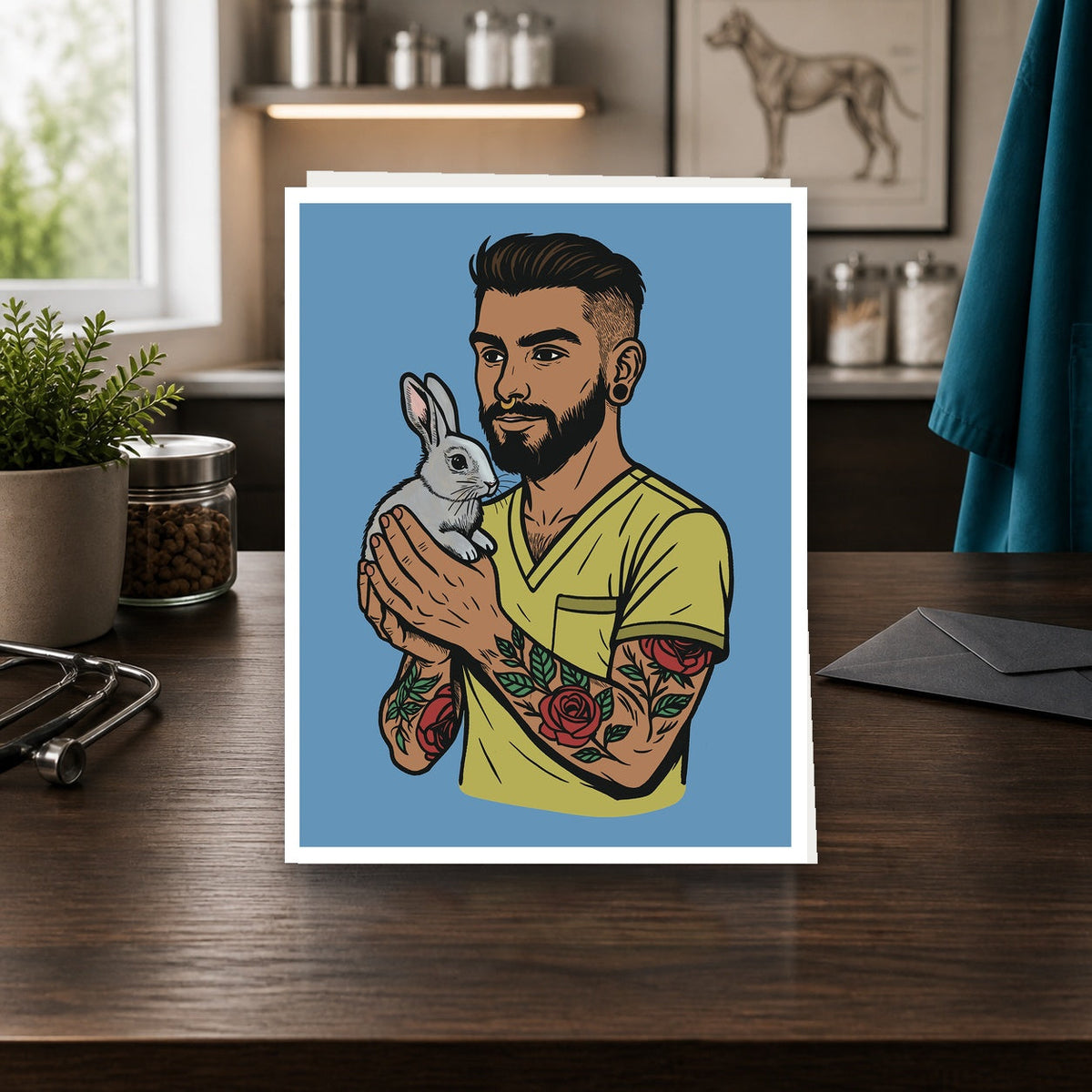 Pocket Patient A2 veterinary notecard standing on a dark clinic desk