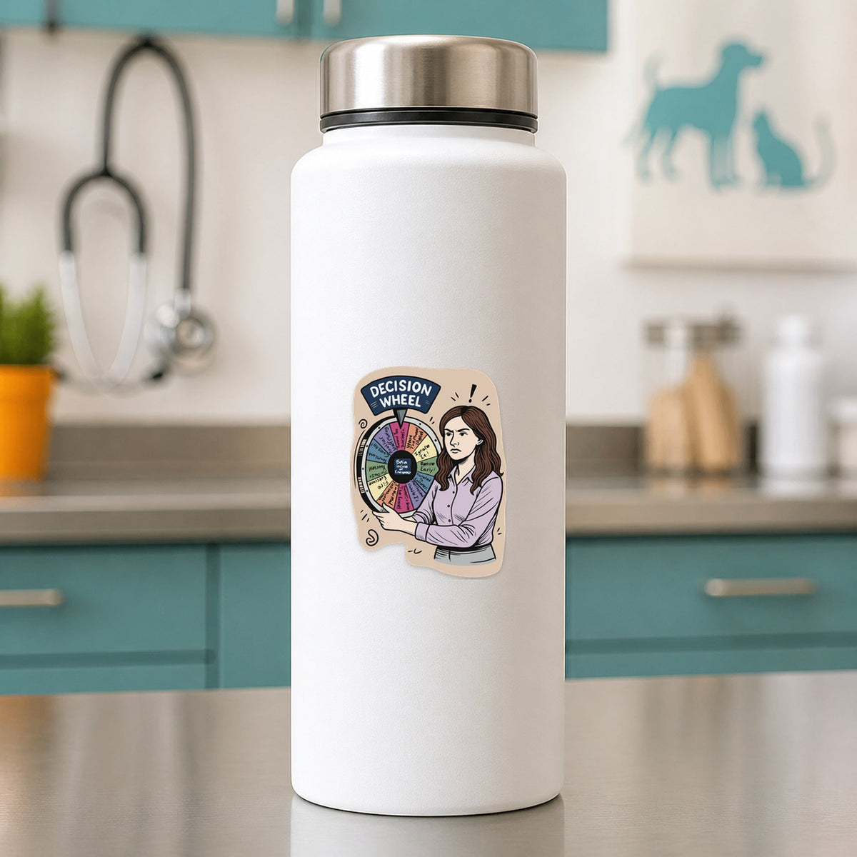 😹 Practice Manager Decision Wheel - Female shown on a white clinic water bottle