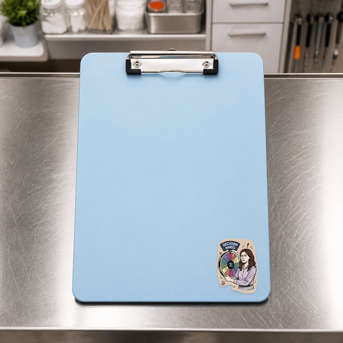 😹 Practice Manager Decision Wheel - Female shown on a blue treatment clipboard
