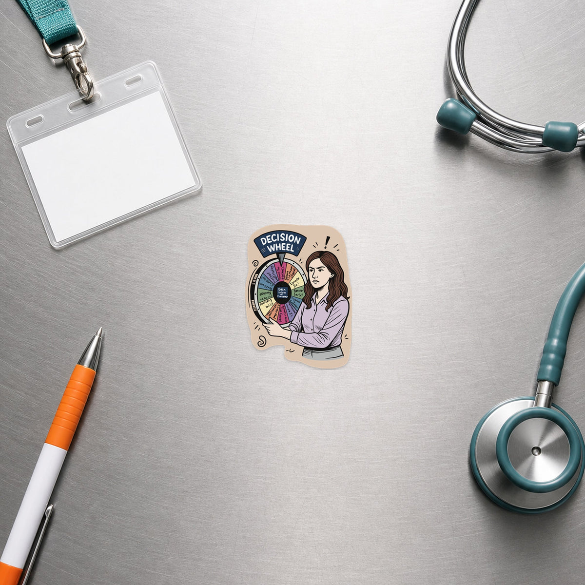 😹 Practice Manager Decision Wheel - Female shown in a veterinary clinic flat lay
