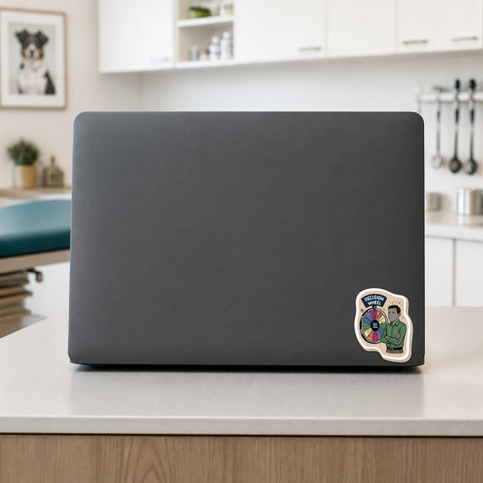 🧡 Practice Manager Decision Wheel - Male shown on a veterinary clinic laptop