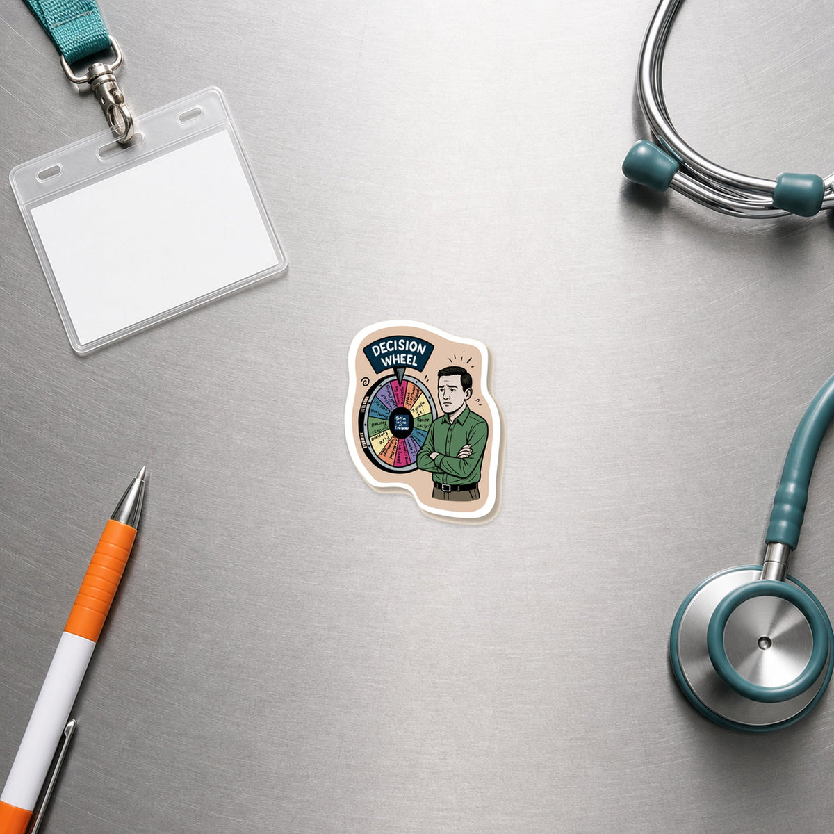 🧡 Practice Manager Decision Wheel - Male shown in a veterinary clinic flat lay