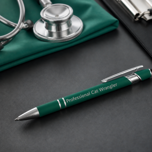 Professional Cat Wrangler laser-engraved green pen on a charcoal veterinary clinic desktop