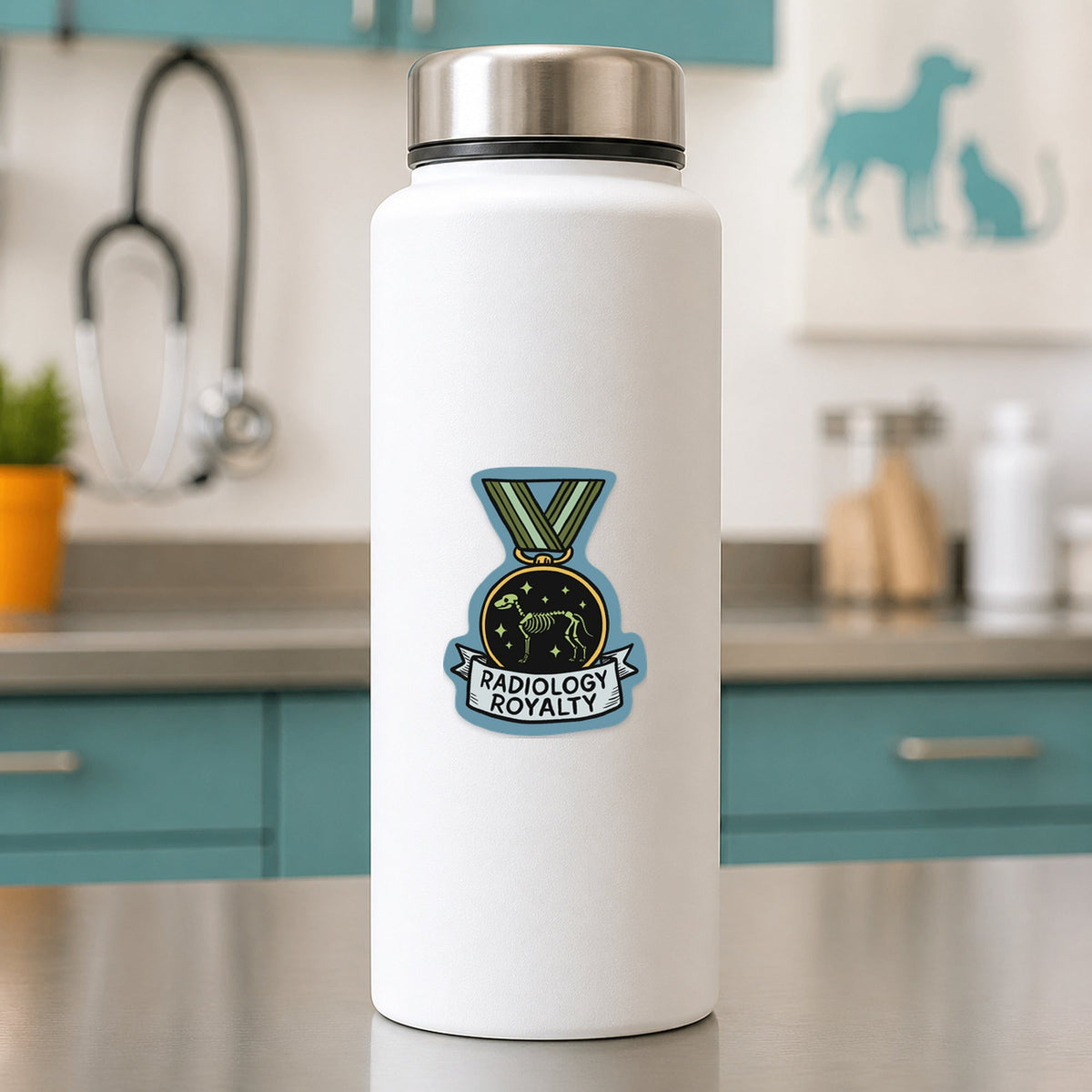 Radiology Royalty – Award Medal Sticker shown on a white clinic water bottle
