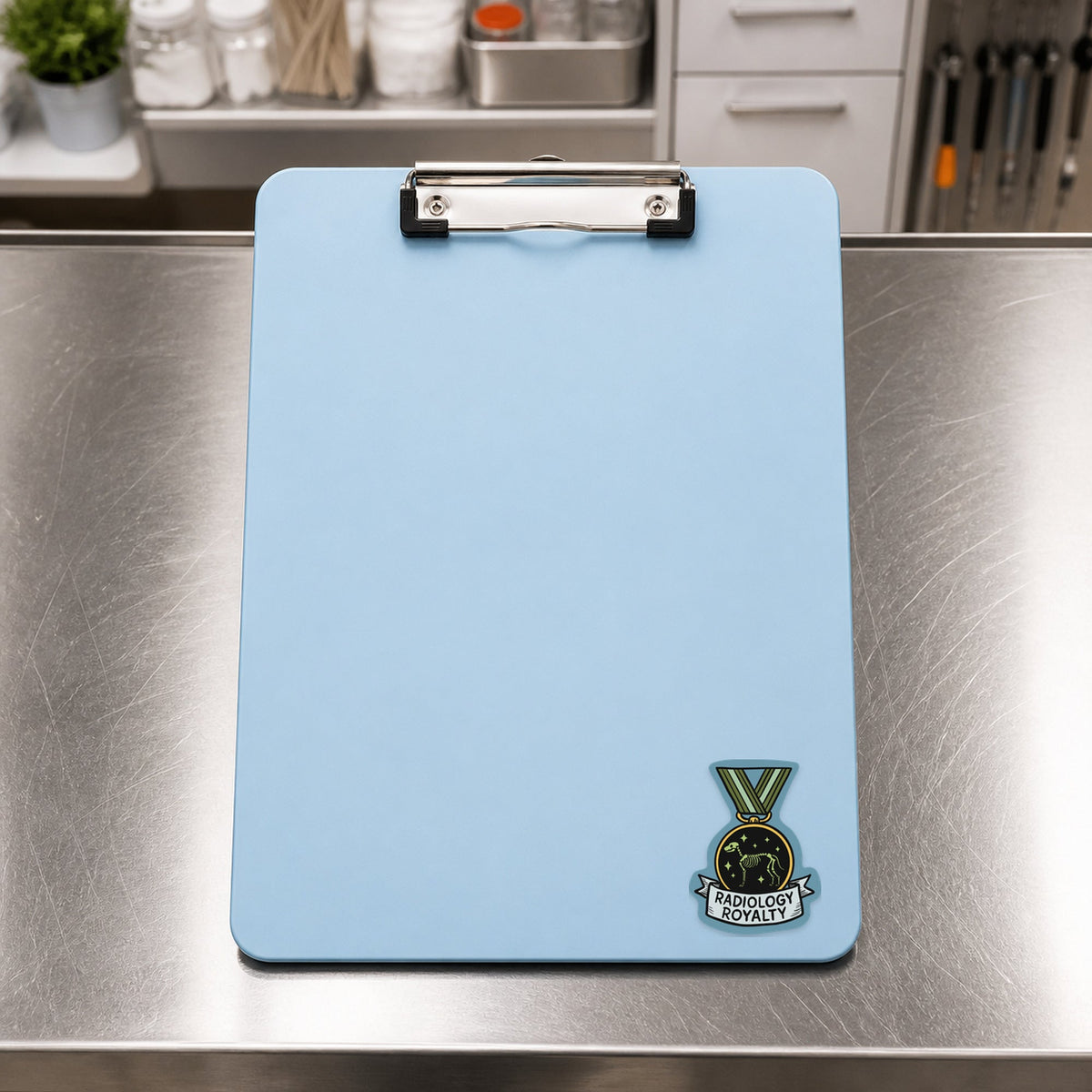 Radiology Royalty – Award Medal Sticker shown on a blue treatment clipboard