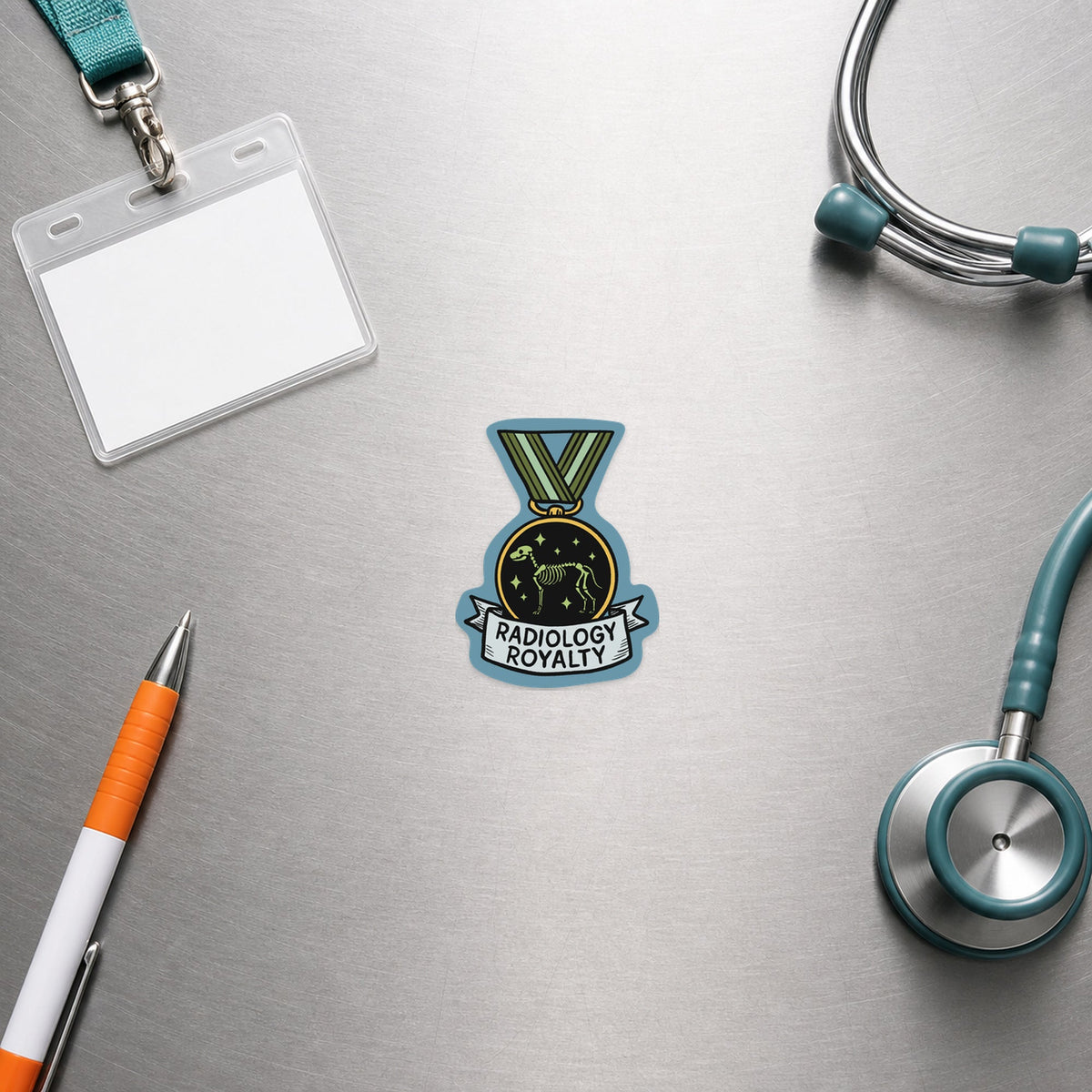 Radiology Royalty – Award Medal Sticker shown in a veterinary clinic flat lay
