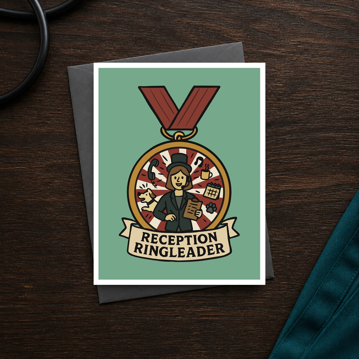 Reception Ringleader A2 veterinary recognition notecard front on a dark clinic desk