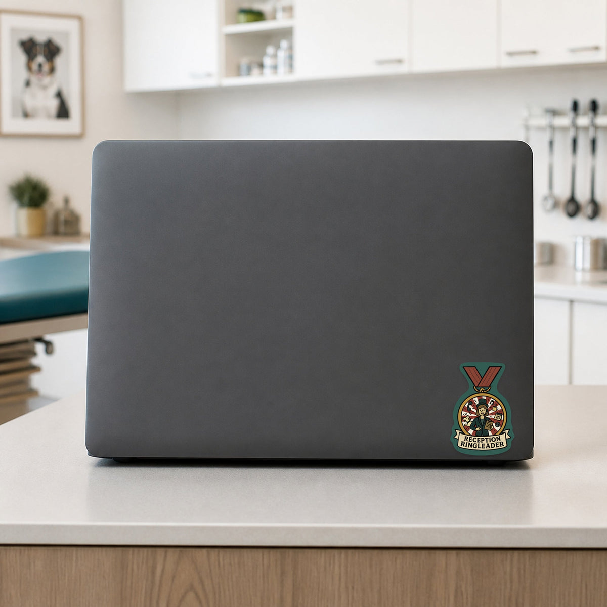Reception Ringleader – Funny Veterinary Award Sticker shown on a veterinary clinic laptop