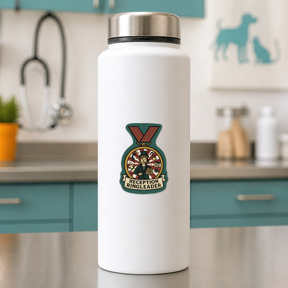 Reception Ringleader – Funny Veterinary Award Sticker shown on a white clinic water bottle
