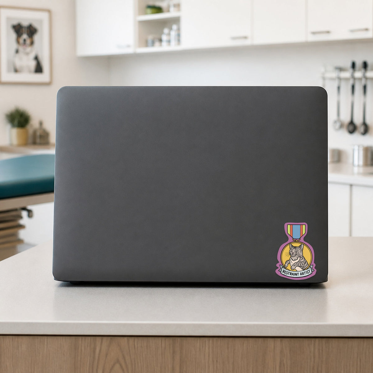🎨 Restraint Artist – Funny Vet Award Sticker shown on a veterinary clinic laptop