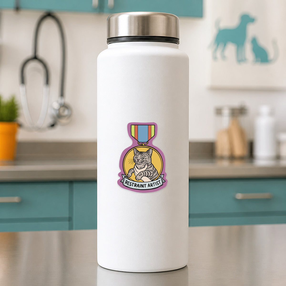 🎨 Restraint Artist – Funny Vet Award Sticker shown on a white clinic water bottle