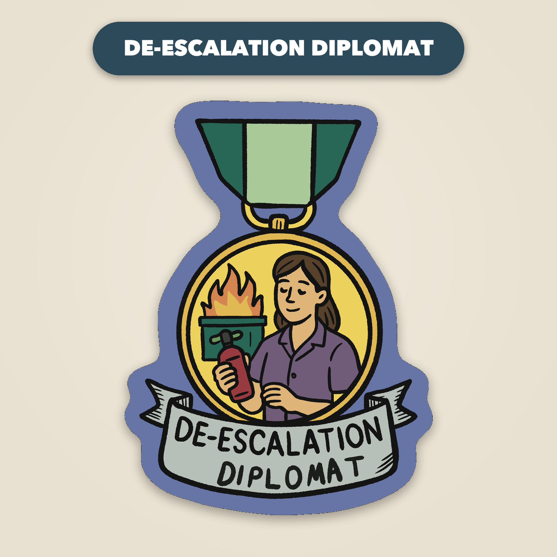 De-Escalation Diplomat award medal sticker, funny veterinary recognition sticker, Vet Culture Co.