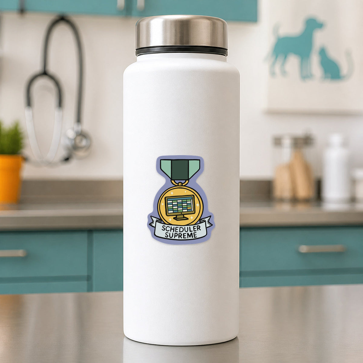 Scheduler Supreme – Funny Veterinary Award Sticker shown on a white clinic water bottle