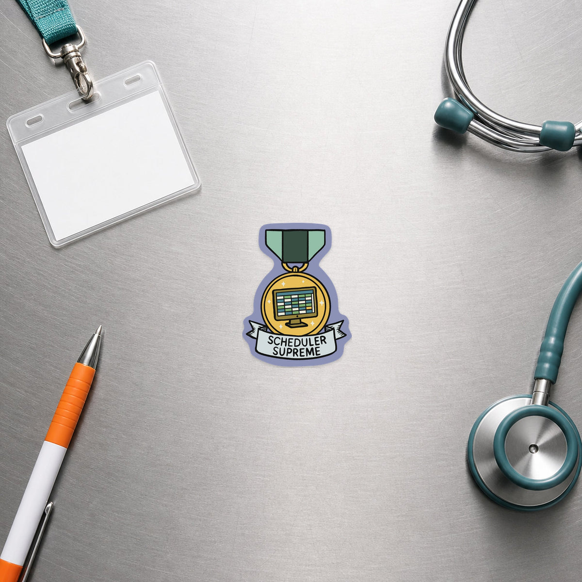 Scheduler Supreme – Funny Veterinary Award Sticker shown in a veterinary clinic flat lay