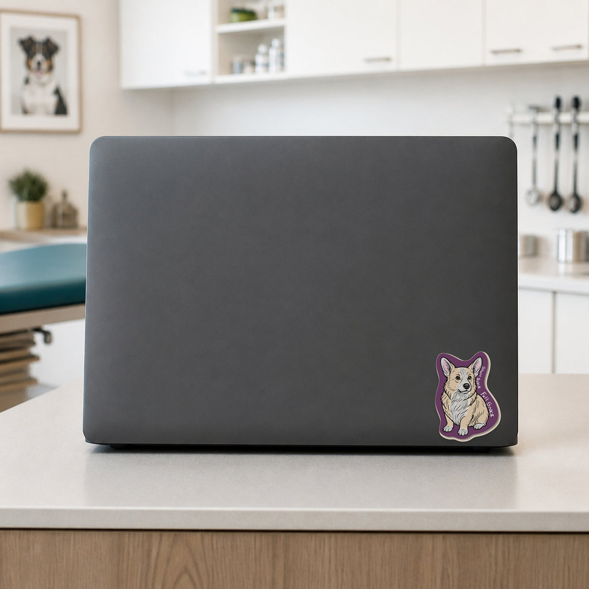 🥞 Short Stack, Full Snack – Corgi shown on a veterinary clinic laptop