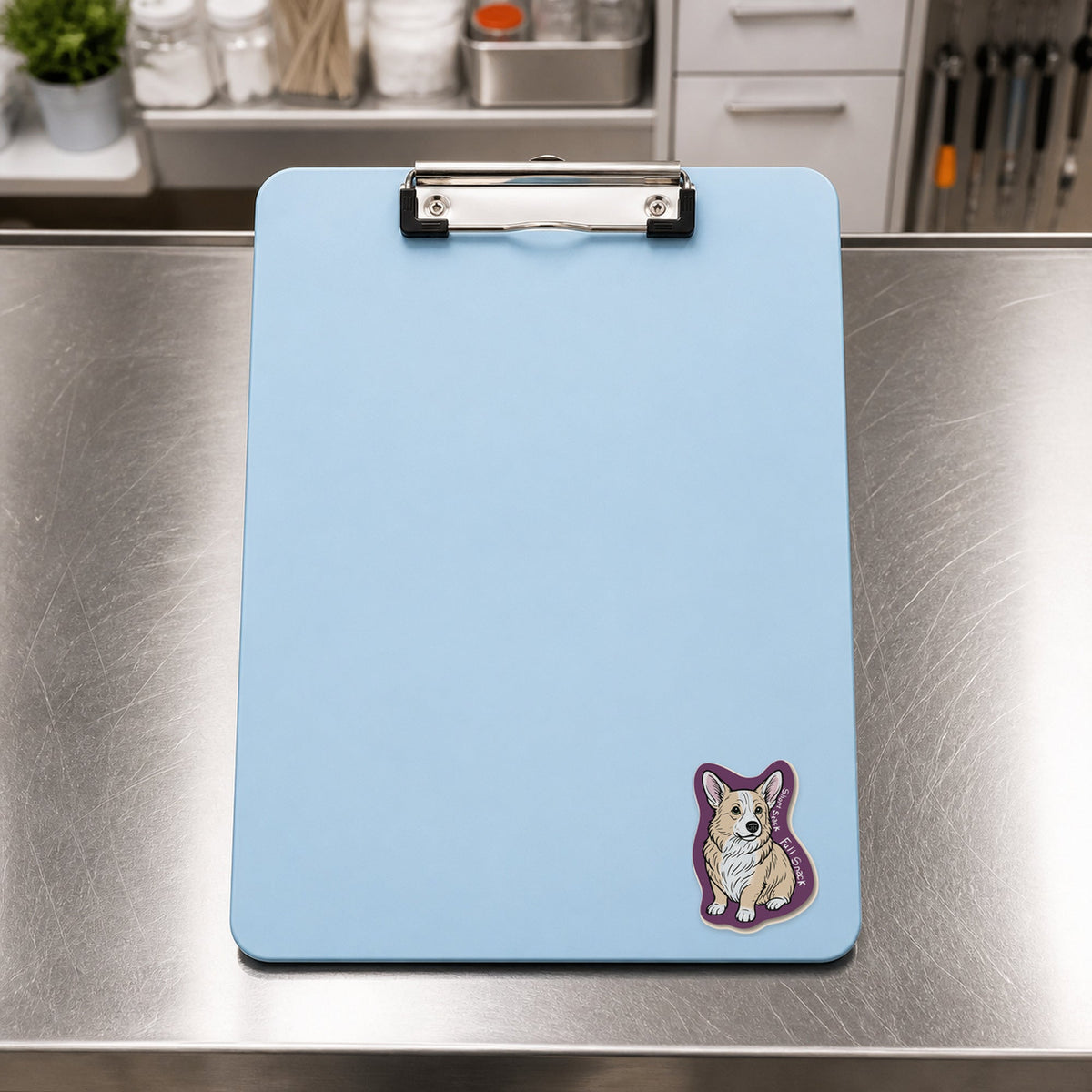 🥞 Short Stack, Full Snack – Corgi shown on a blue treatment clipboard