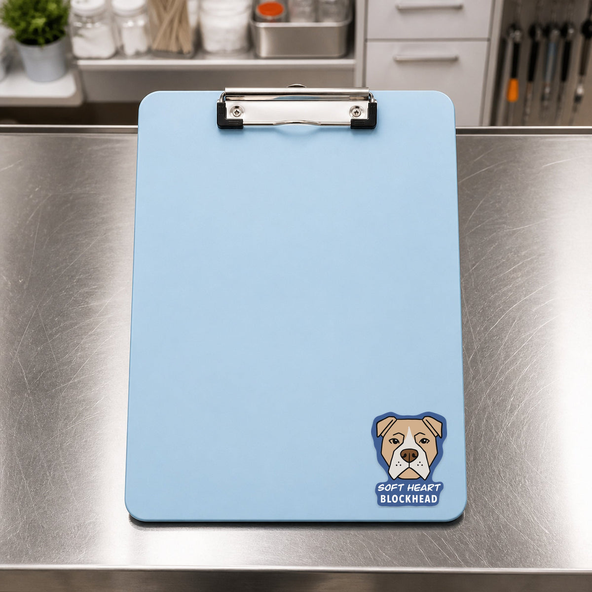 🐾 Soft Heart Blockhead - Pit Bull shown on a blue treatment clipboard