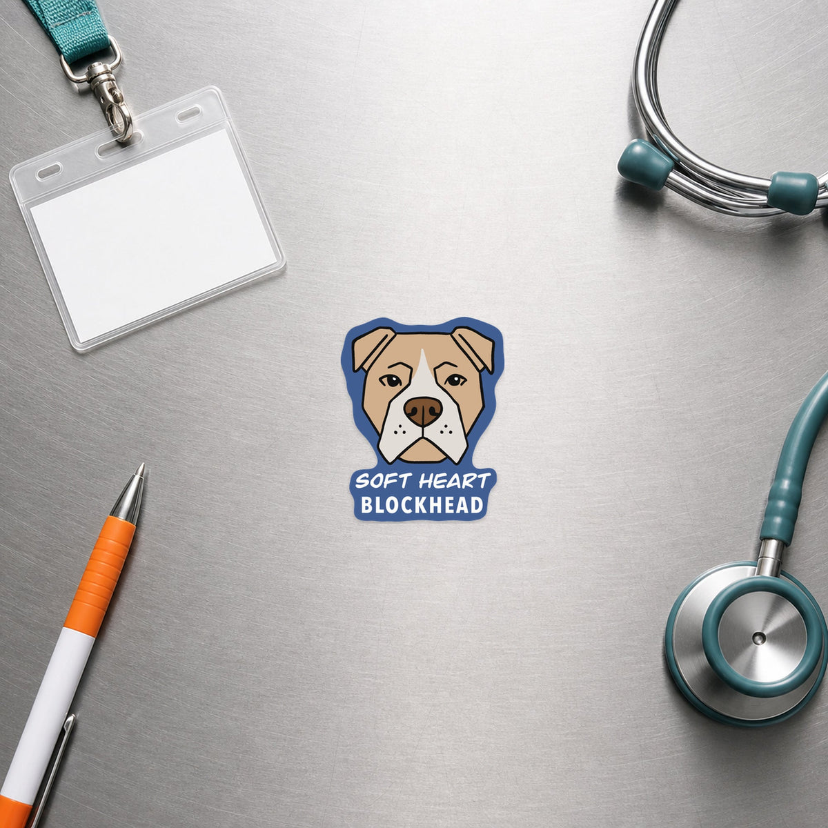 🐾 Soft Heart Blockhead - Pit Bull shown in a veterinary clinic flat lay