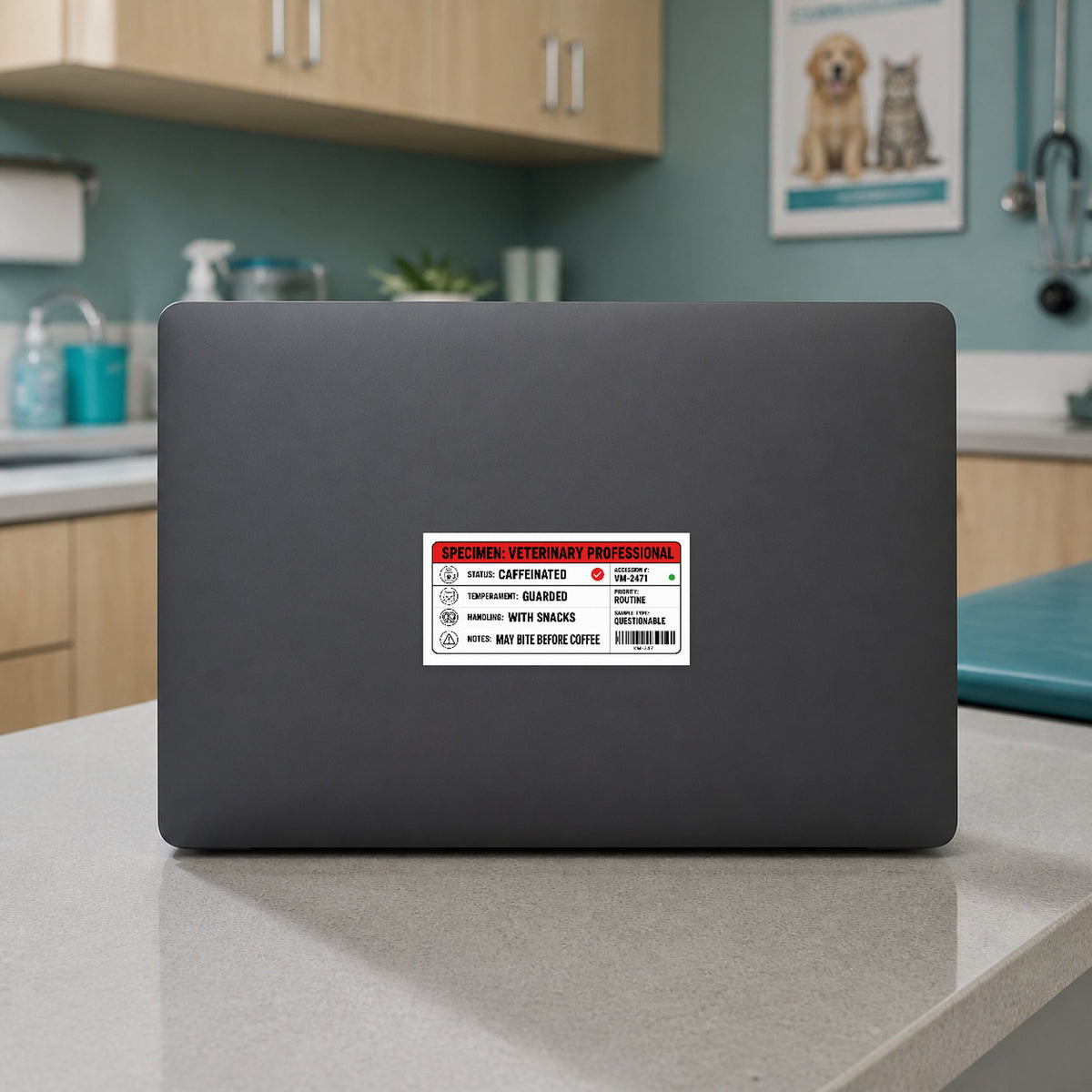 🧪 Specimen: Veterinary Professional – Large Format Vet Lab Sticker shown on a veterinary clinic laptop