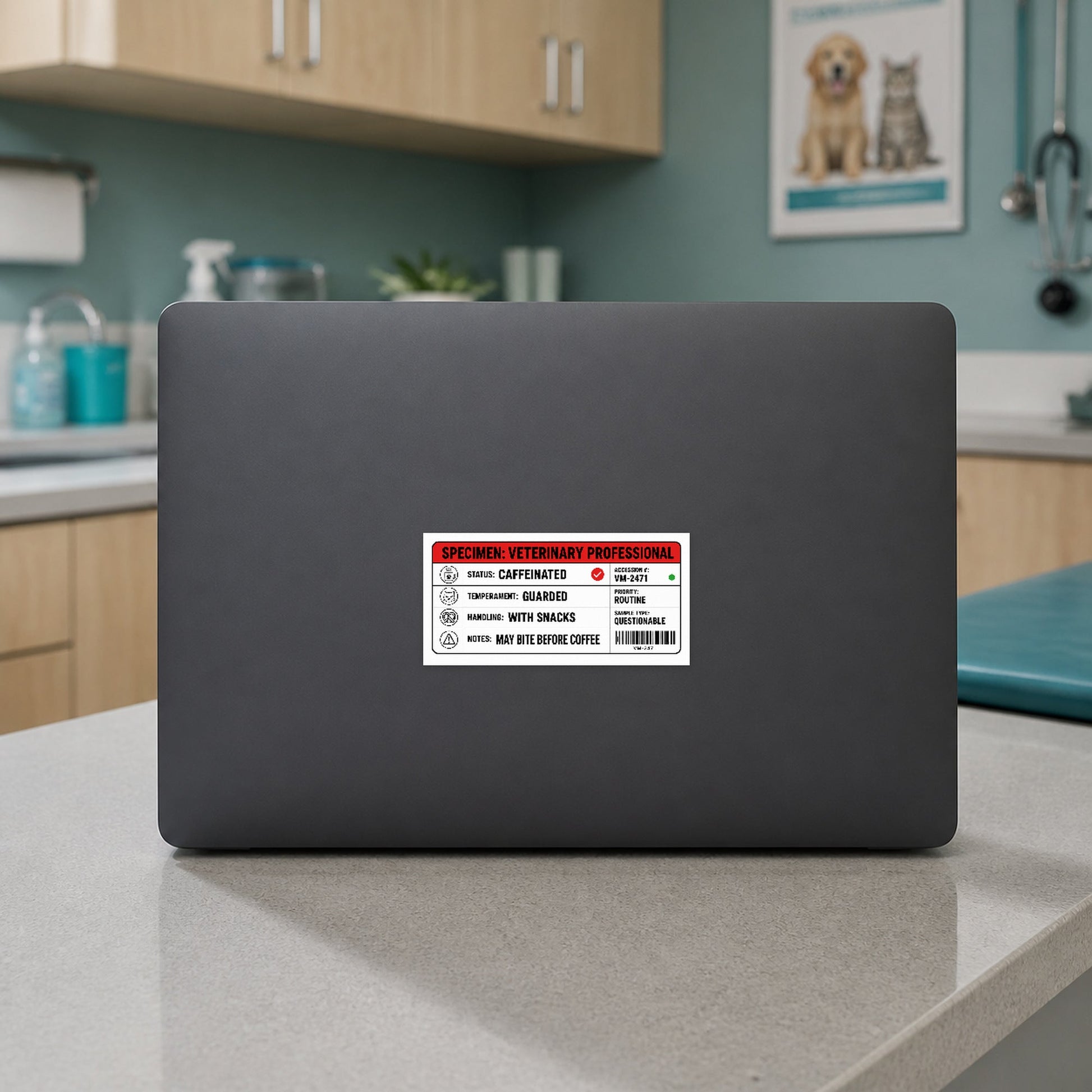 🧪 Specimen: Veterinary Professional – Large Format Vet Lab Sticker shown on a veterinary clinic laptop