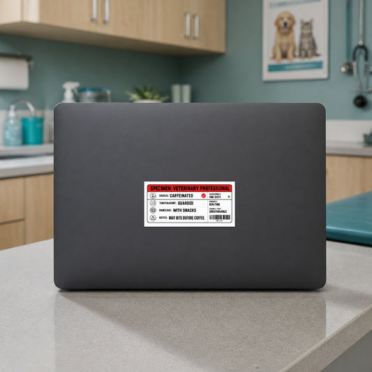 🧪 Specimen: Veterinary Professional – Large Format Vet Lab Sticker shown on a veterinary clinic laptop