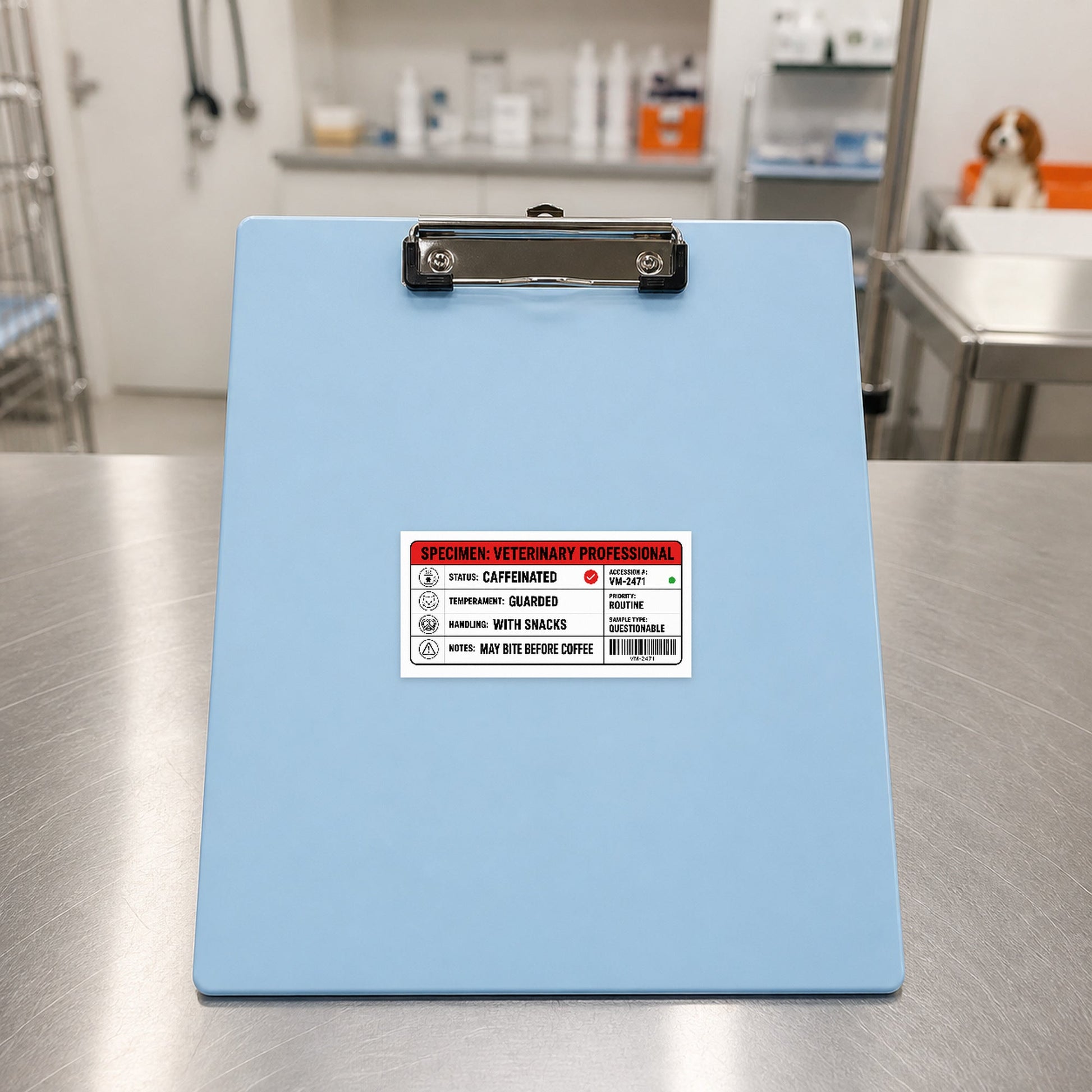 🧪 Specimen: Veterinary Professional – Large Format Vet Lab Sticker shown on a blue treatment clipboard