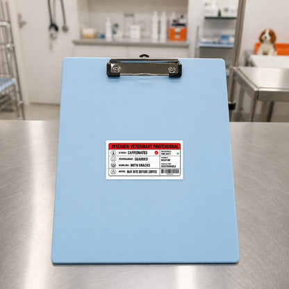 🧪 Specimen: Veterinary Professional – Large Format Vet Lab Sticker shown on a blue treatment clipboard