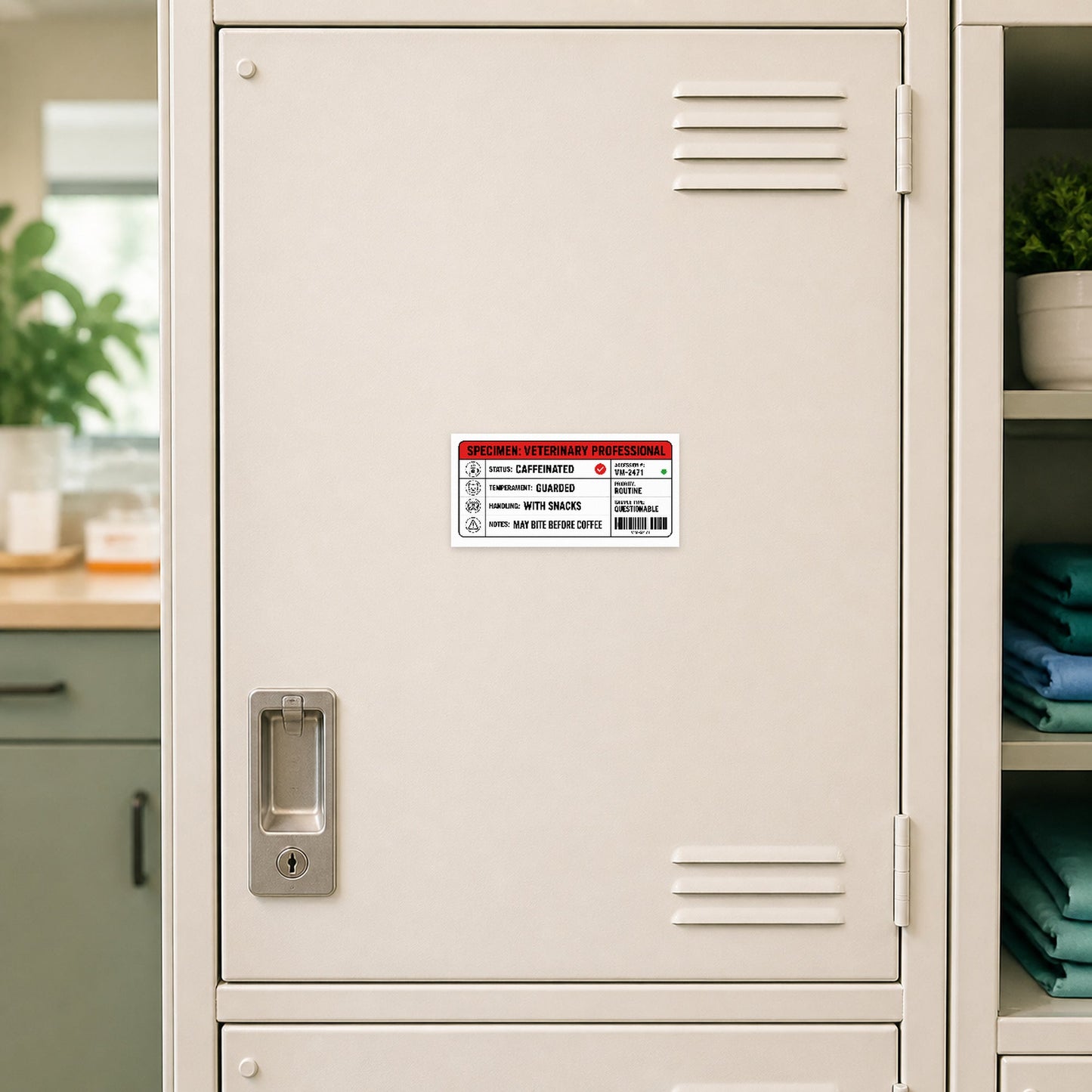 🧪 Specimen: Veterinary Professional – Large Format Vet Lab Sticker shown on a veterinary clinic locker