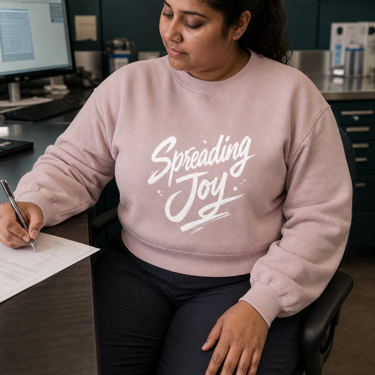 Spreading Joy cropped crewneck in blush worn by a veterinary professional while charting