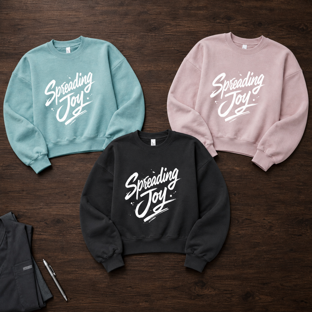 Spreading Joy cropped crewneck color lineup in Arctic, Black, and Blush on a dark wood surface